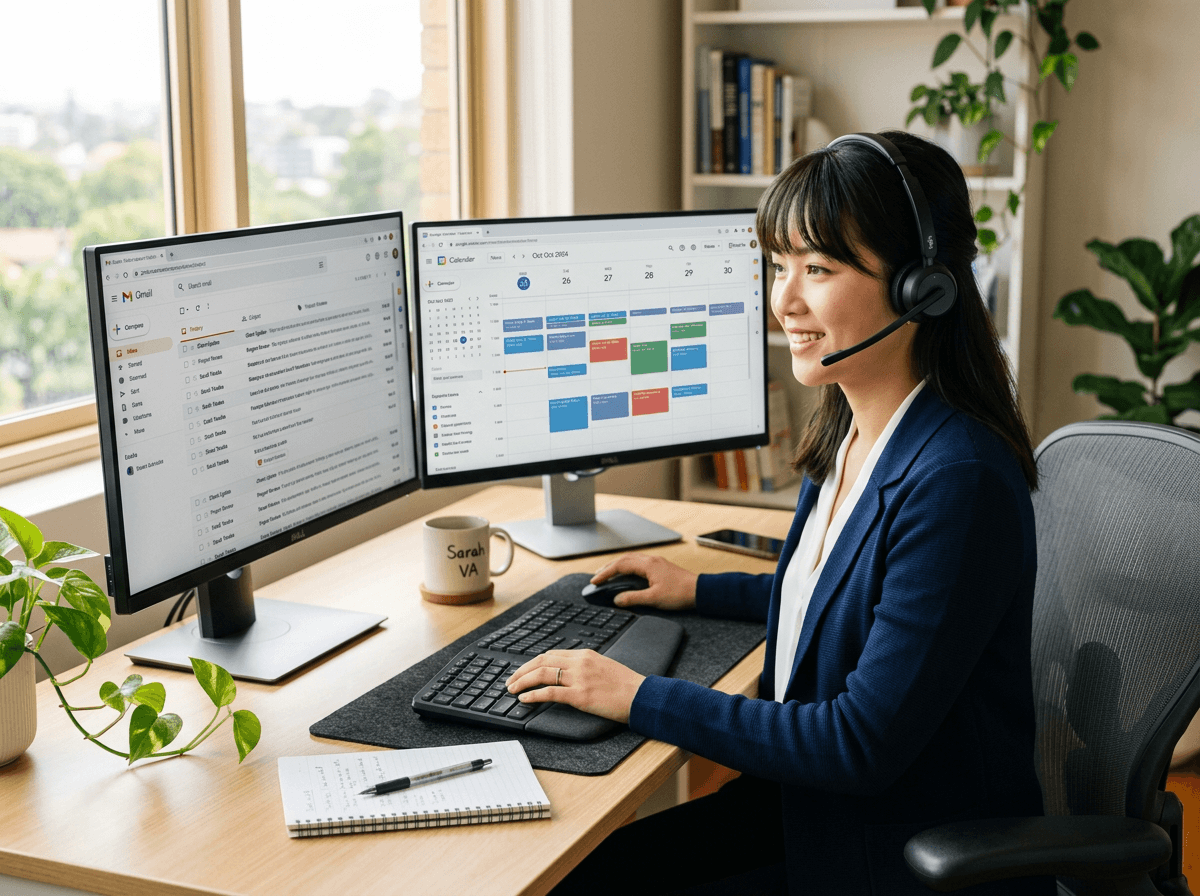 Dedicated administrative virtual assistant managing inbox, calendar, and CRM tasks from a professional workspace.