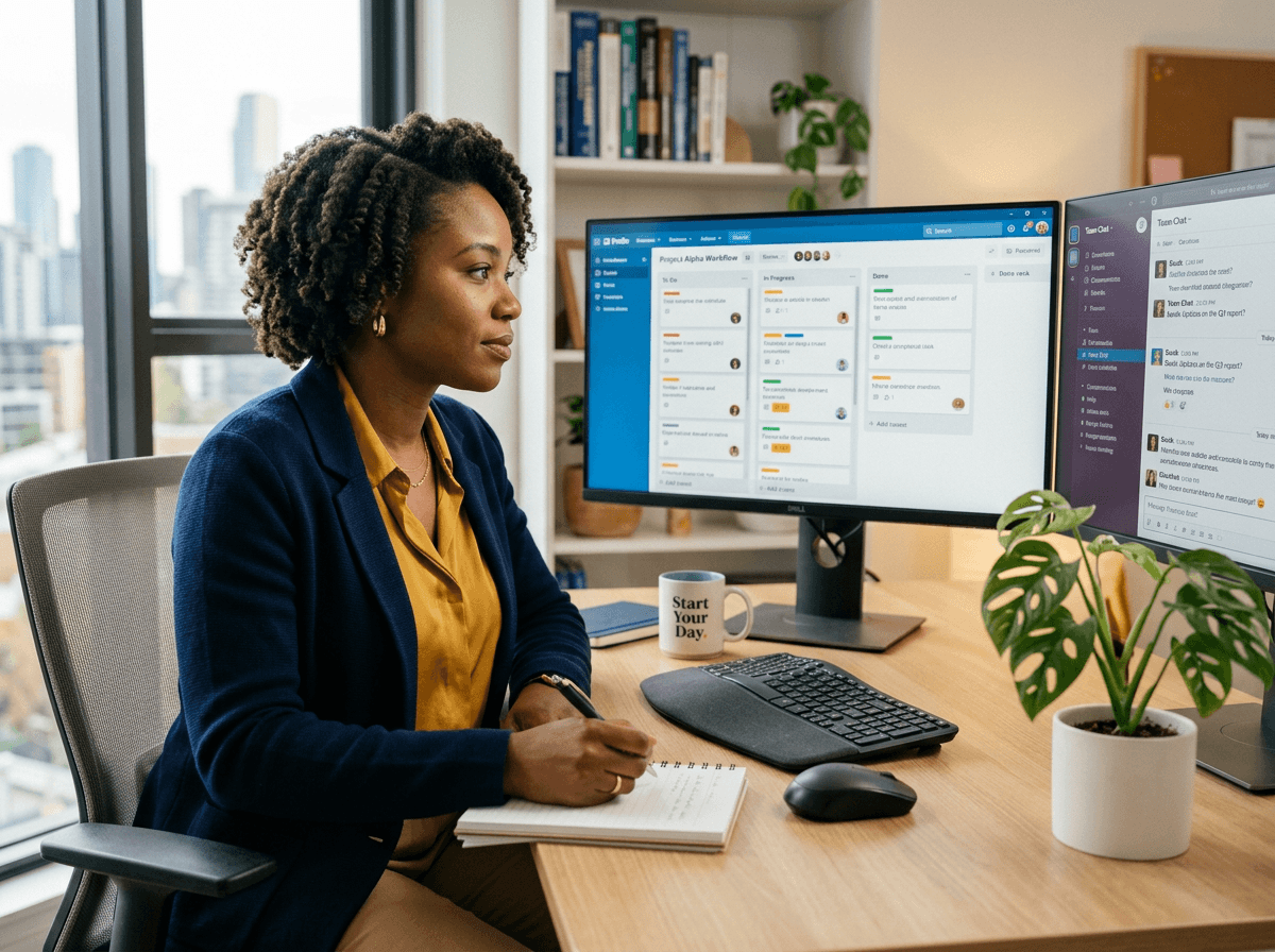 Operations-focused virtual assistant reviewing workflows, KPIs, and process documentation on screen.