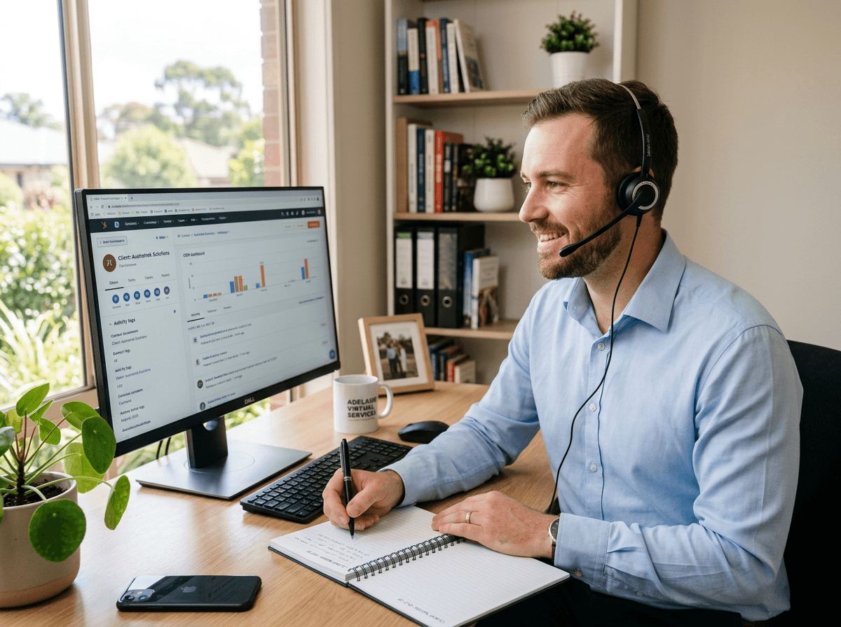 Customer and sales support virtual assistant on headset, engaging with clients and managing live chat and enquiries.